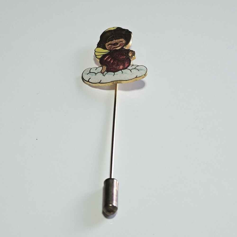 Vintage 1978 Enameled Centennia Stick Pin Gold Tone Angel Praying Red Pink Lapel